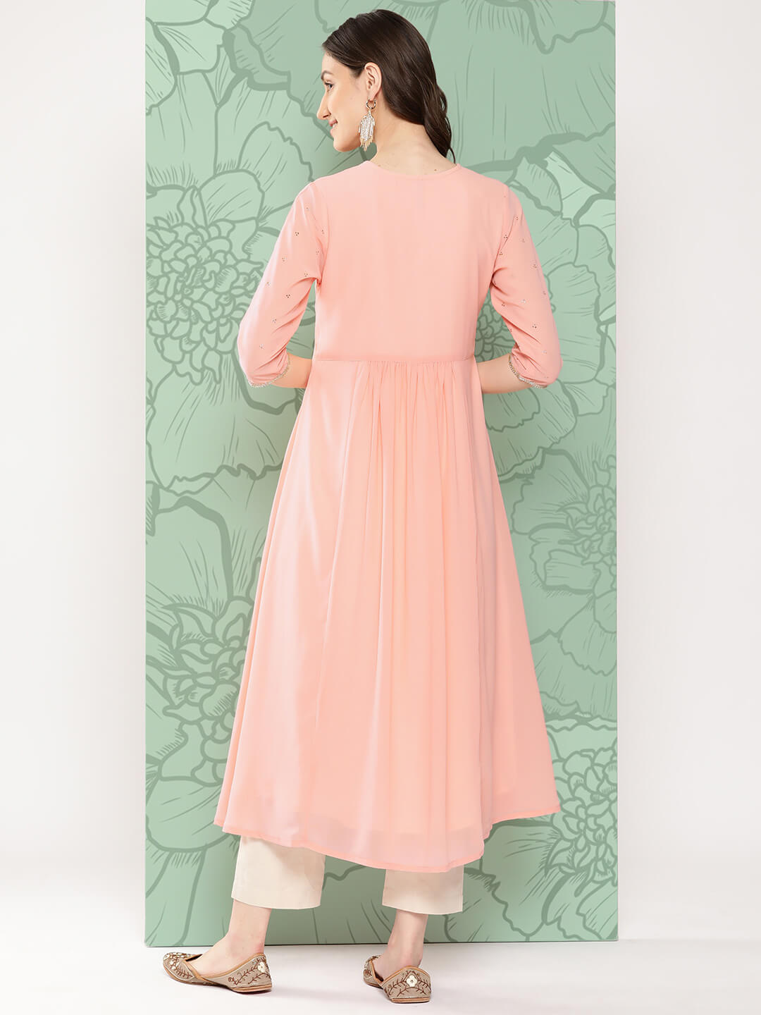 Peach Georgette Embossed Work Gathered Kurta