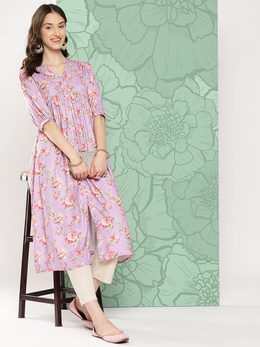 Lavender Moss Digital Floral Printed Flared Kurta