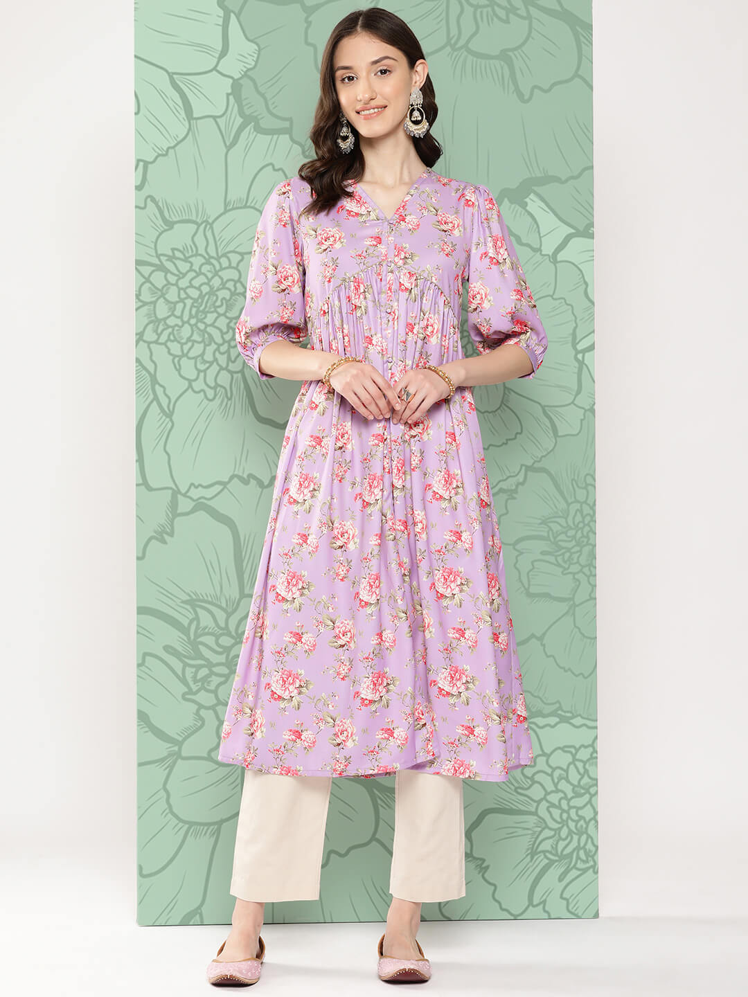 Lavender Moss Digital Floral Printed Flared Kurta