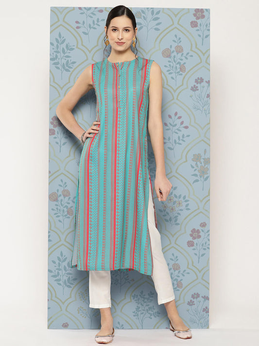 Blue Moss Digital Geometric Printed Straight Kurta