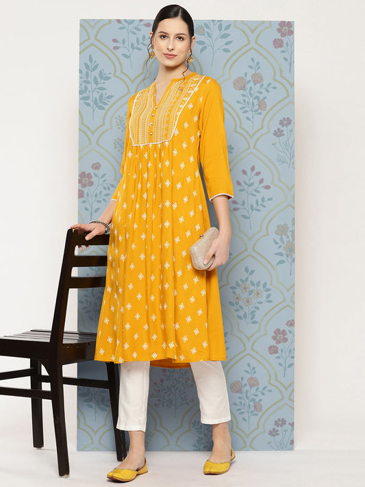 Yellow Rayon Ethnic Motif Printed A-Line Kurta