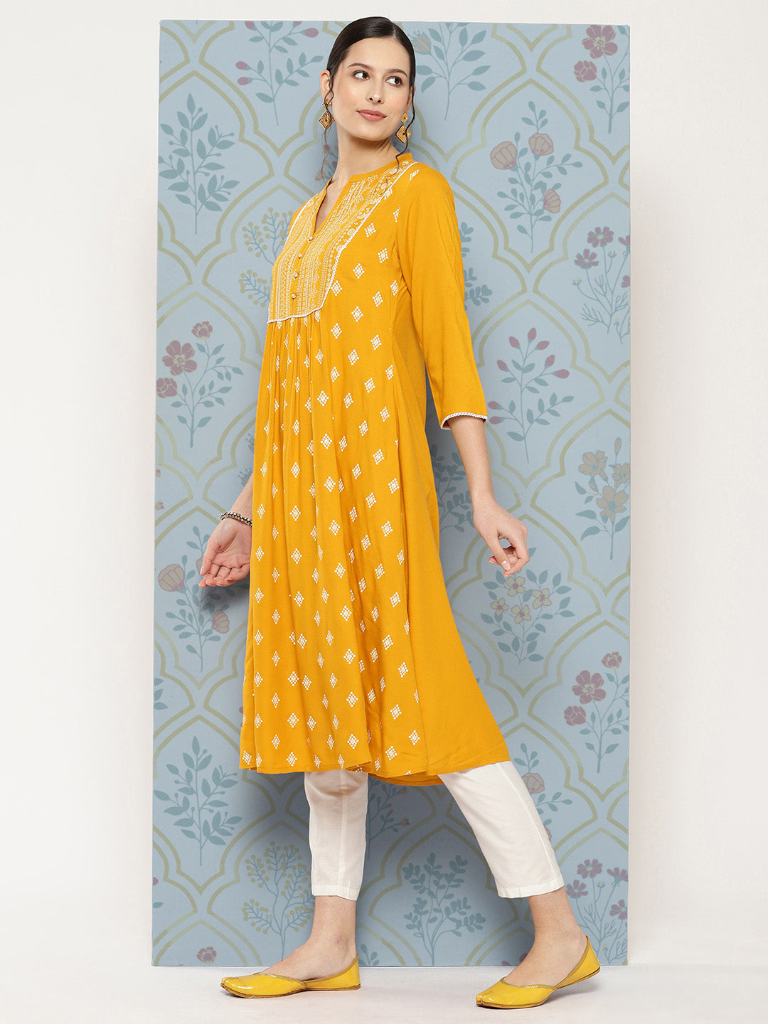 Yellow Rayon Ethnic Motif Printed A-Line Kurta