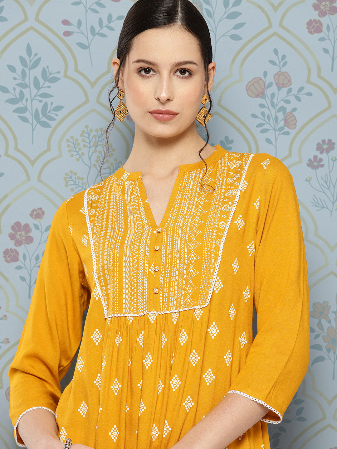Yellow Rayon Ethnic Motif Printed A-Line Kurta
