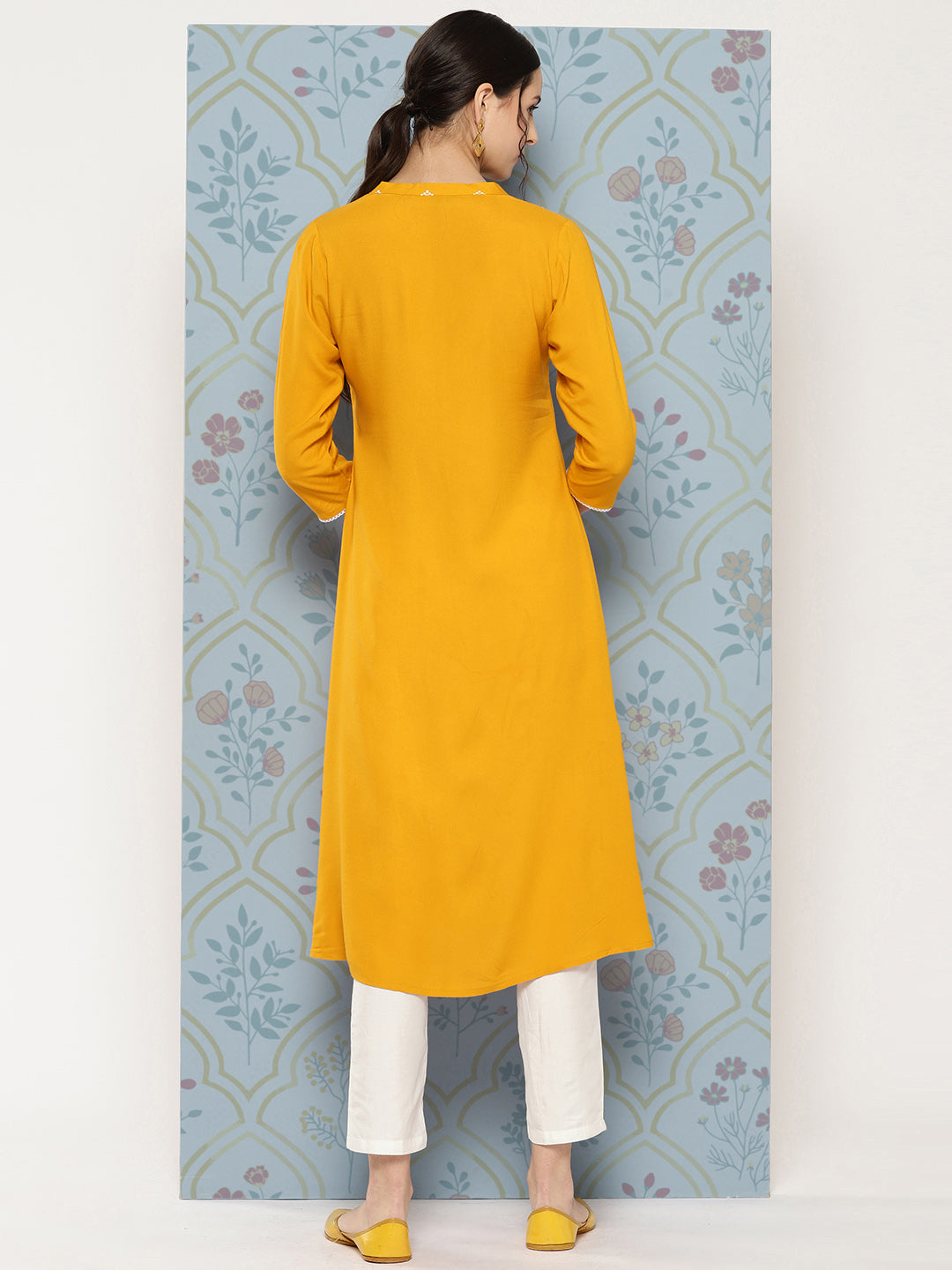 Yellow Rayon Ethnic Motif Printed A-Line Kurta