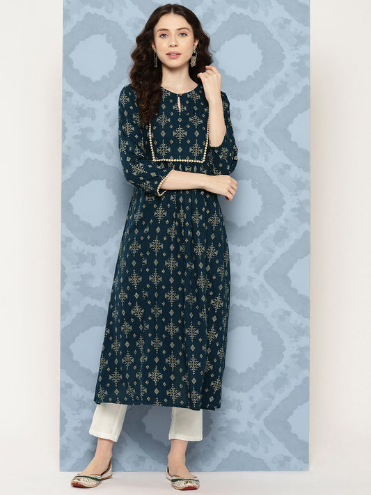 Blue Rayon Ethnic Printed A-Line Kurta