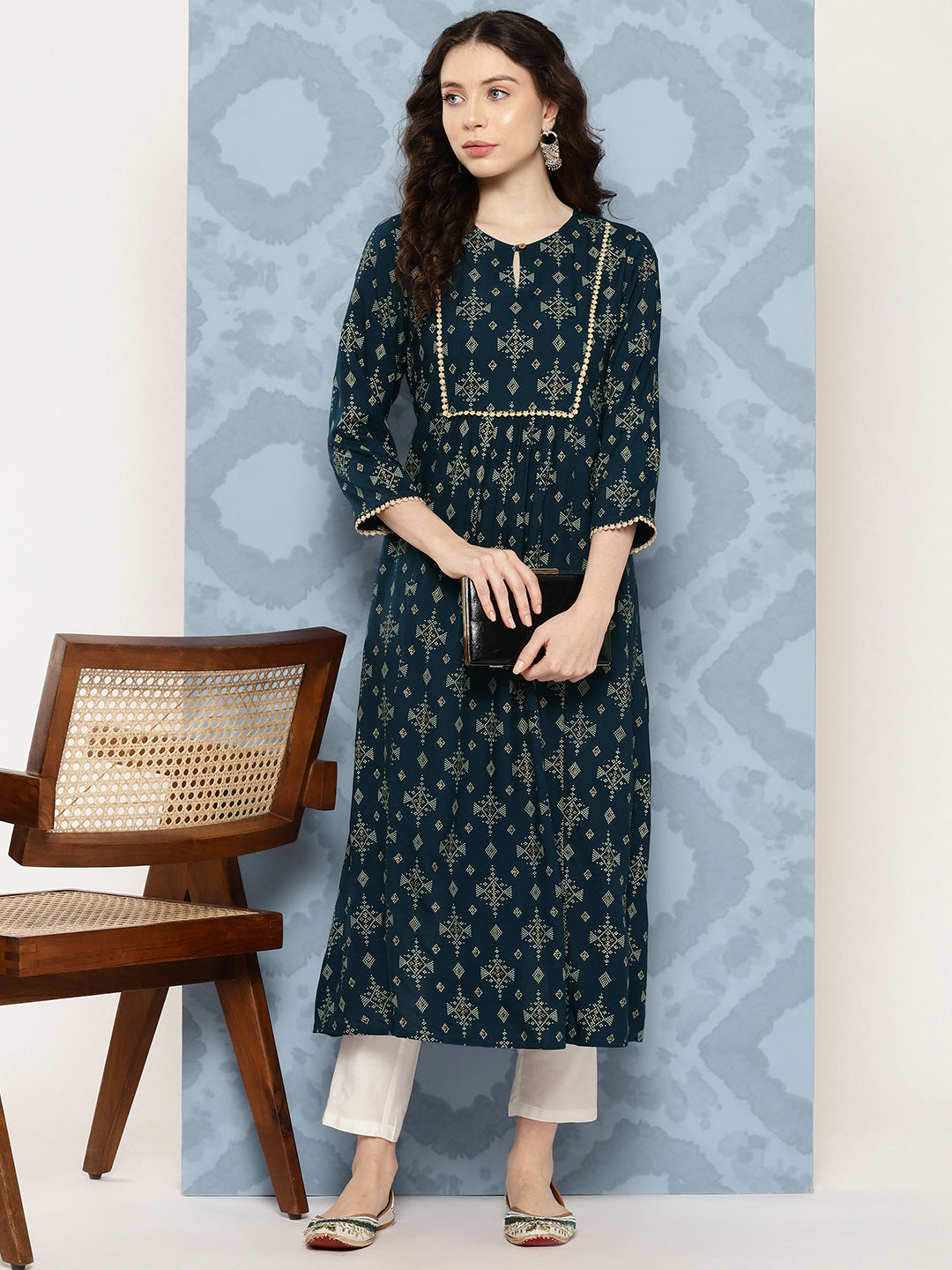 Blue Rayon Ethnic Printed A-Line Kurta