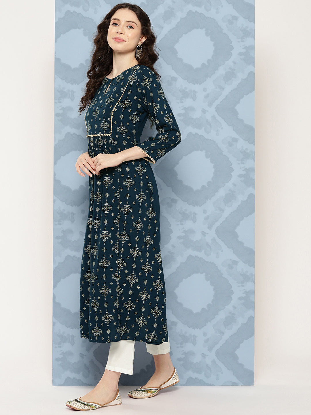Blue Rayon Ethnic Printed A-Line Kurta