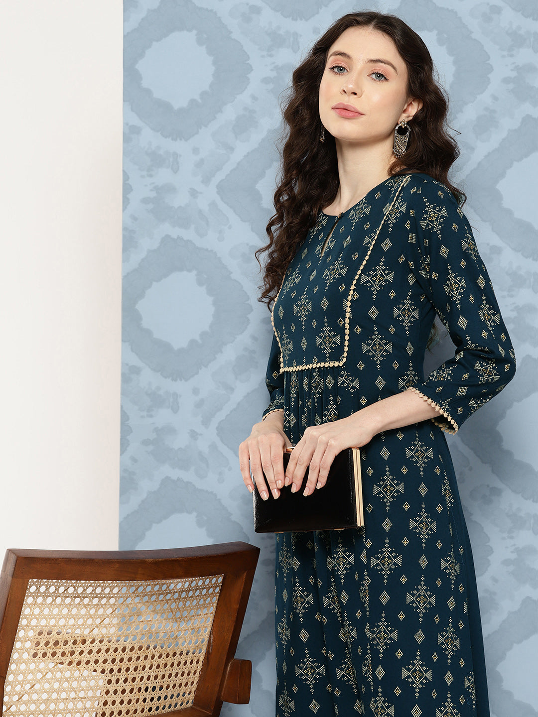Blue Rayon Ethnic Printed A-Line Kurta