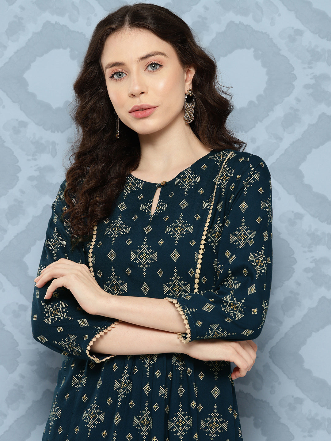 Blue Rayon Ethnic Printed A-Line Kurta