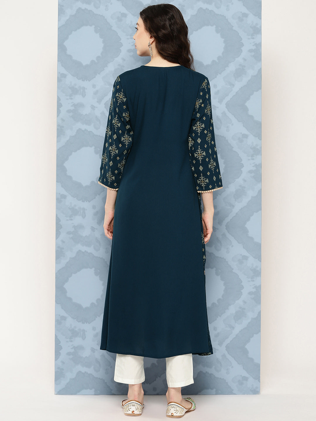 Blue Rayon Ethnic Printed A-Line Kurta