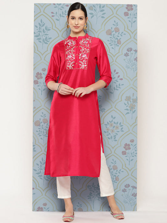 Pink Crepe Silk Yoke Embroidered Straight Kurta