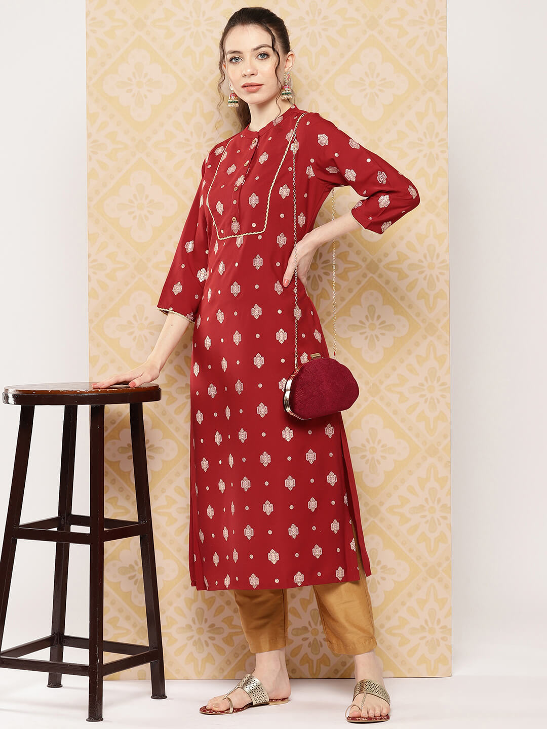 Brick Red Crepe Foil Printed Straight Kurta