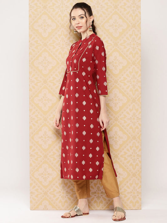 Brick Red Crepe Foil Printed Straight Kurta