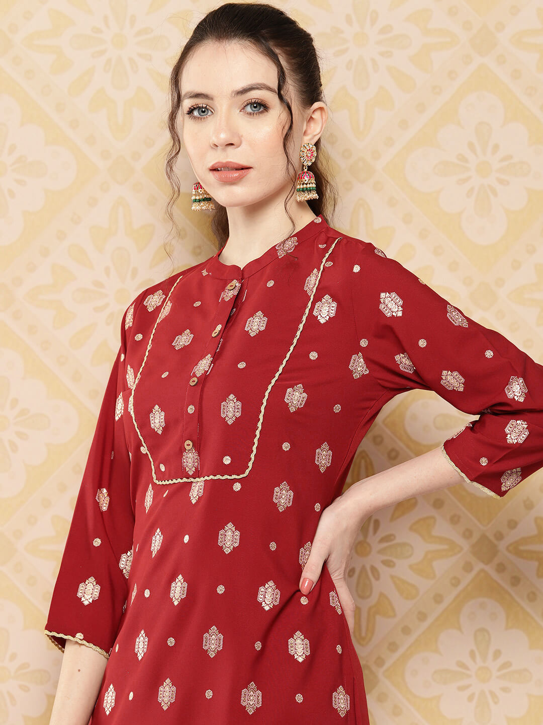 Brick Red Crepe Foil Printed Straight Kurta