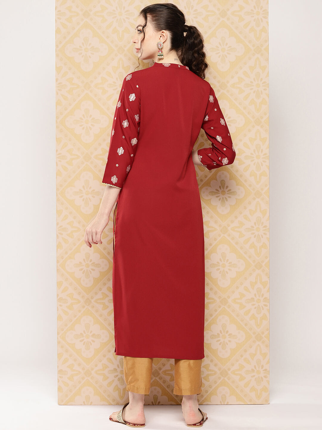 Brick Red Crepe Foil Printed Straight Kurta