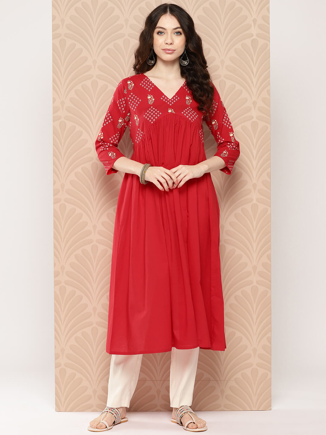 Red Cotton Yoke Printed Gathered Kurta