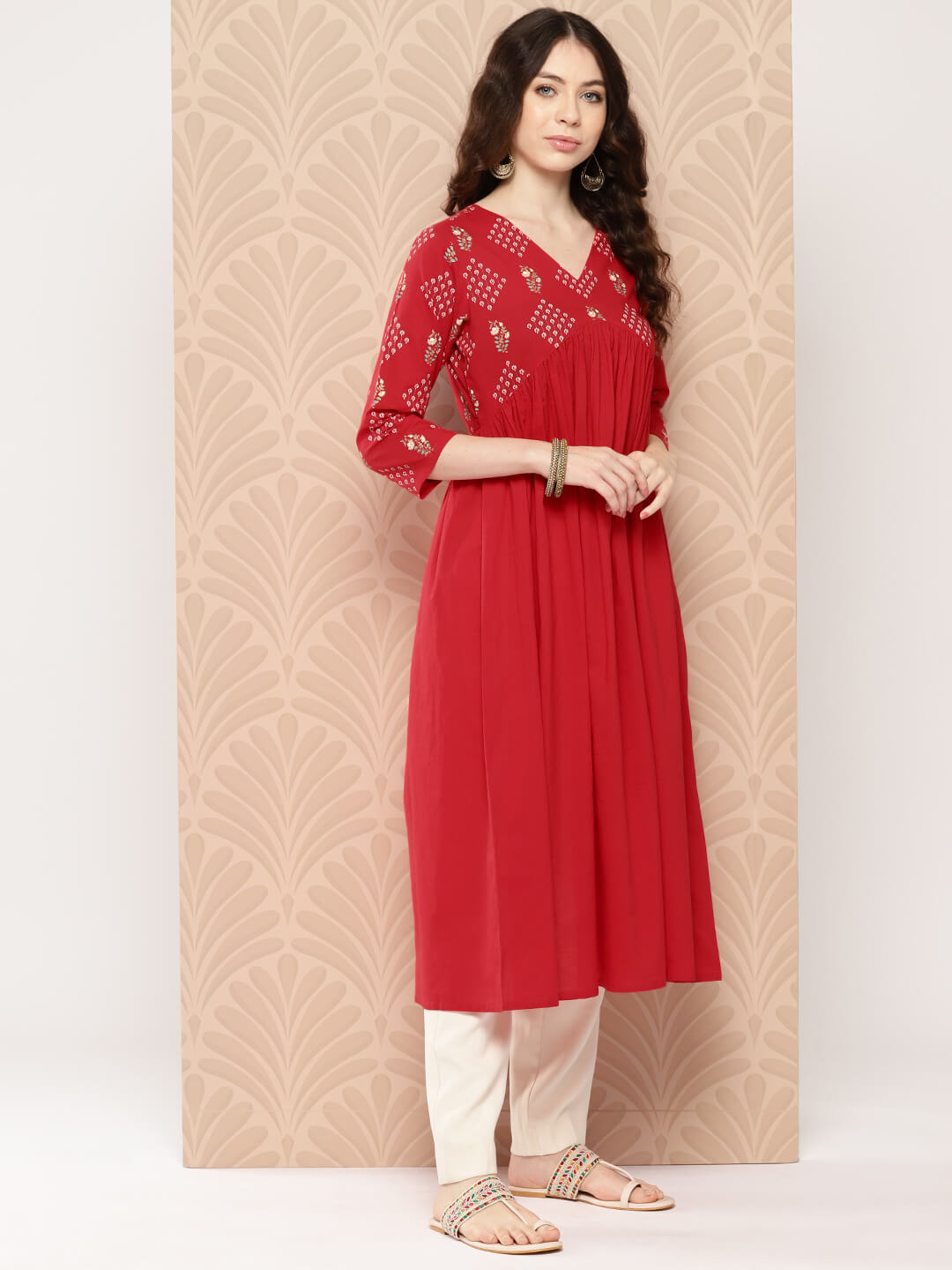 Red Cotton Yoke Printed Gathered Kurta