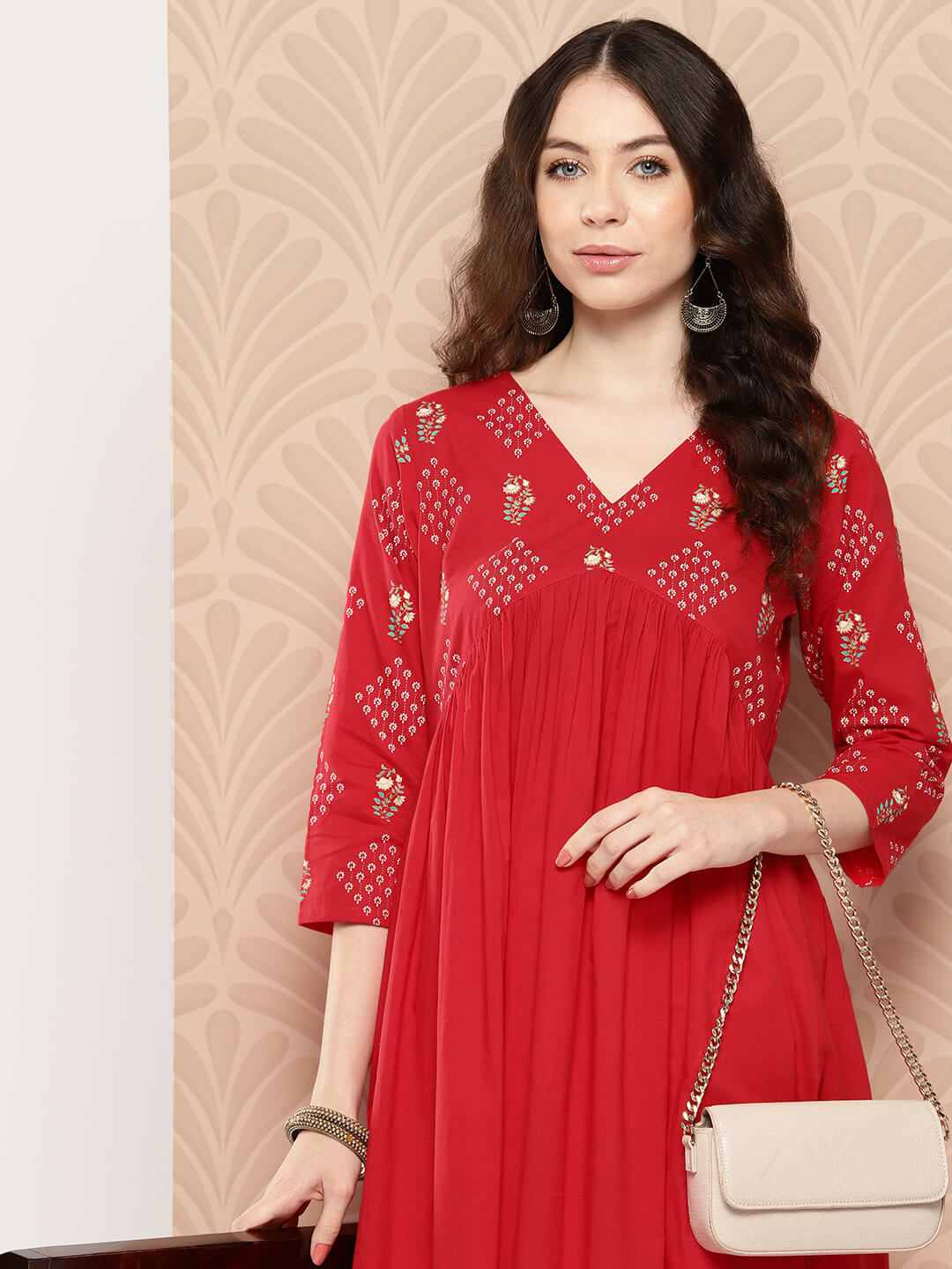 Red Cotton Yoke Printed Gathered Kurta