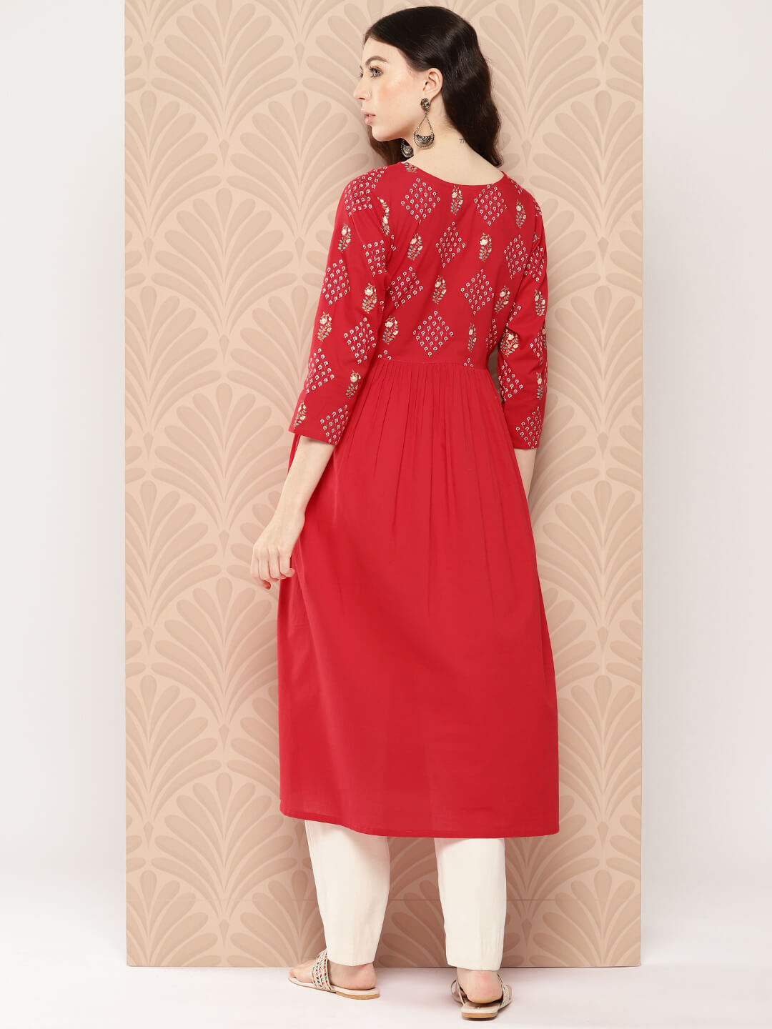 Red Cotton Yoke Printed Gathered Kurta