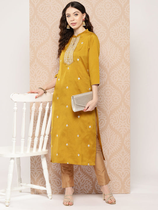 Mustard Crepe Silk Embroidered Straight Kurta