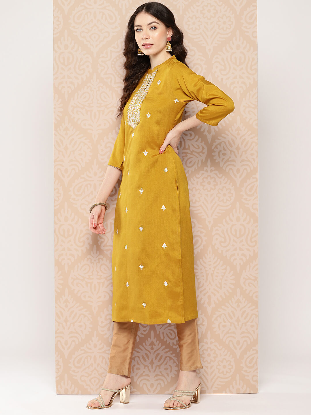 Mustard Crepe Silk Embroidered Straight Kurta