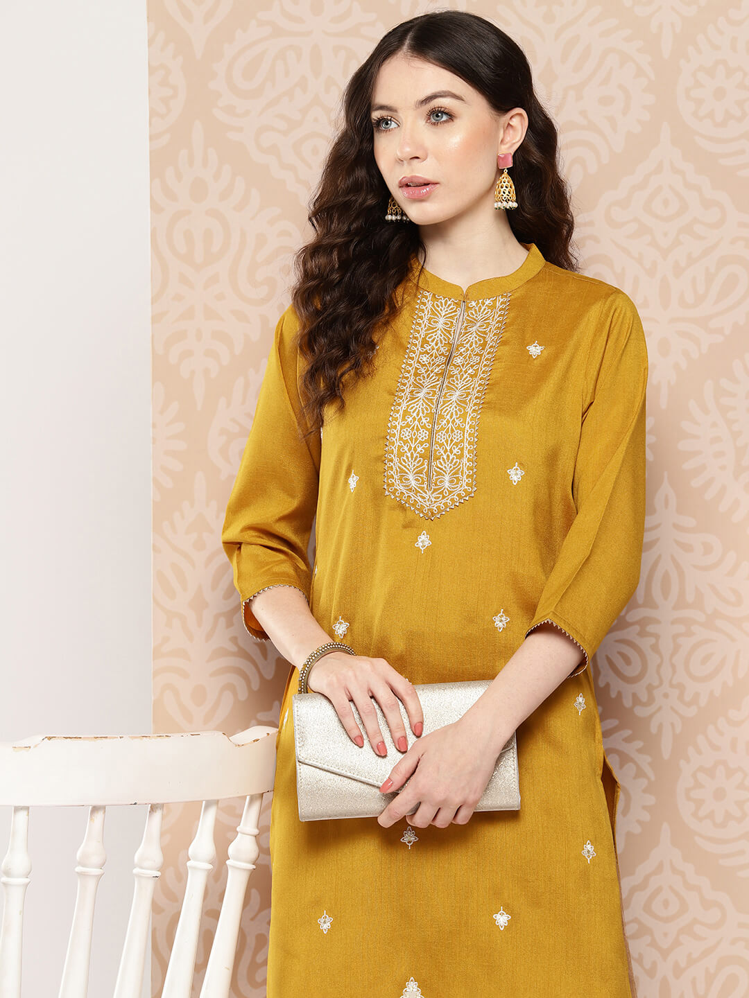 Mustard Crepe Silk Embroidered Straight Kurta