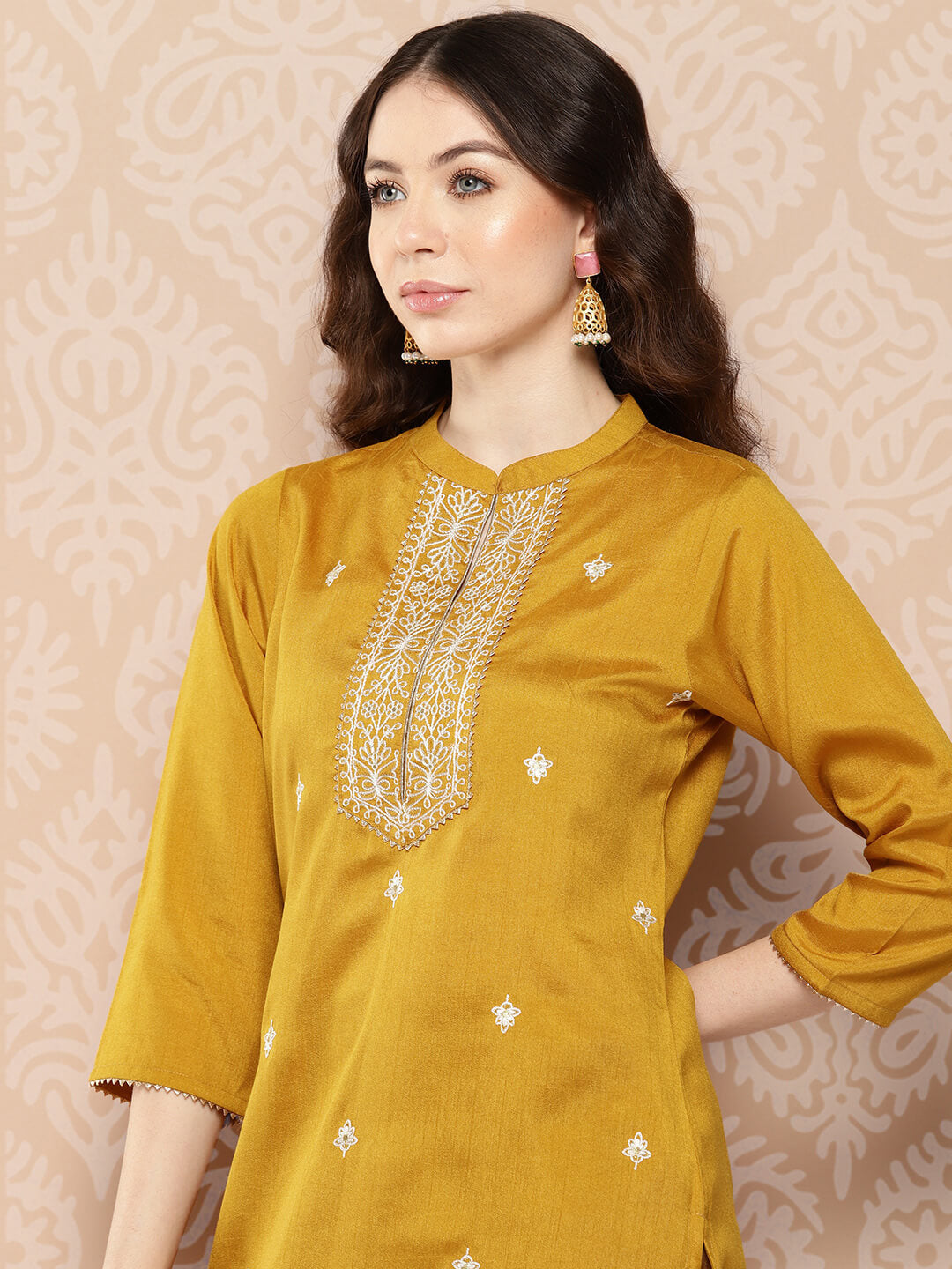 Mustard Crepe Silk Embroidered Straight Kurta
