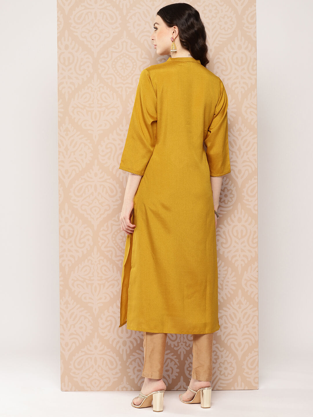 Mustard Crepe Silk Embroidered Straight Kurta