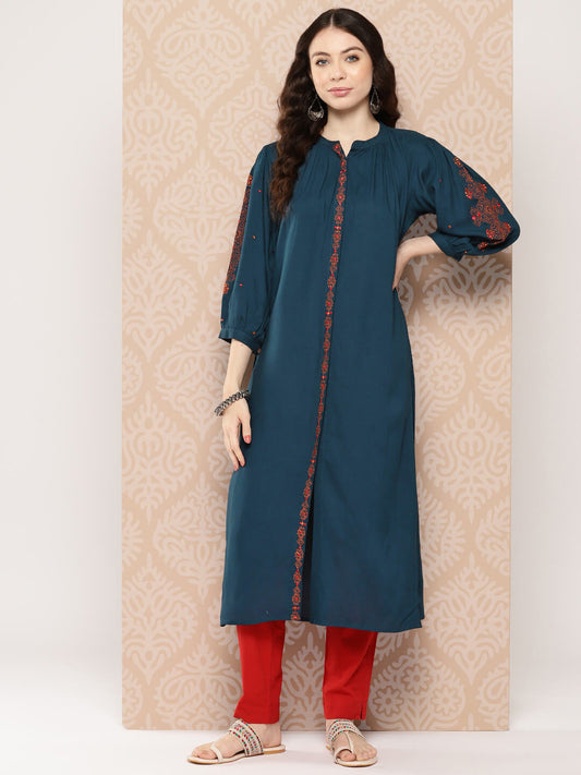 Teal Blue Rayon Solid Straight Kurta