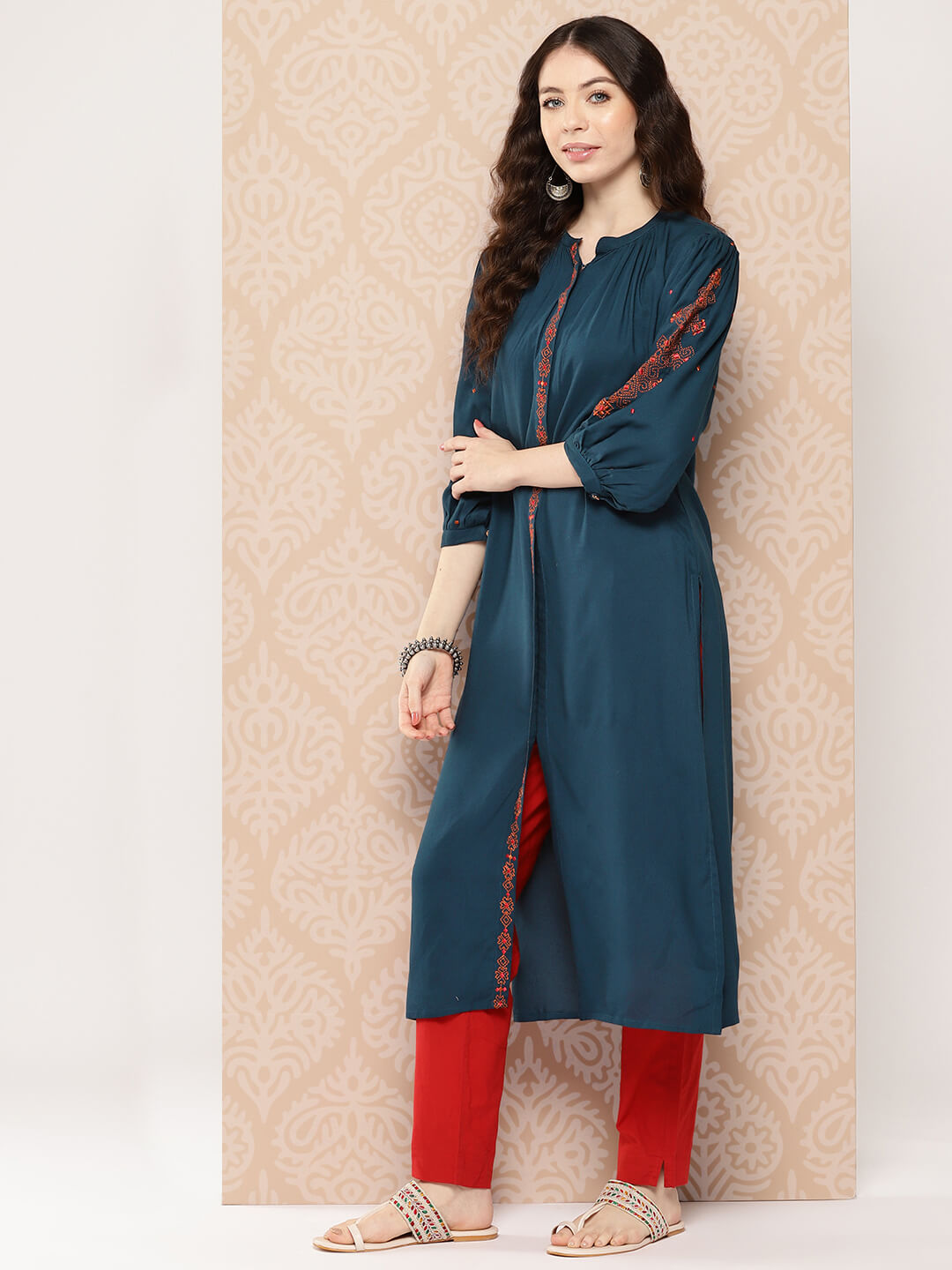 Teal Blue Rayon Solid Straight Kurta