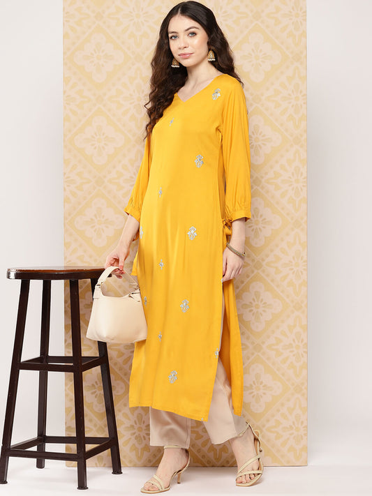 Mustard Rayon Embroidered Straight Kurta