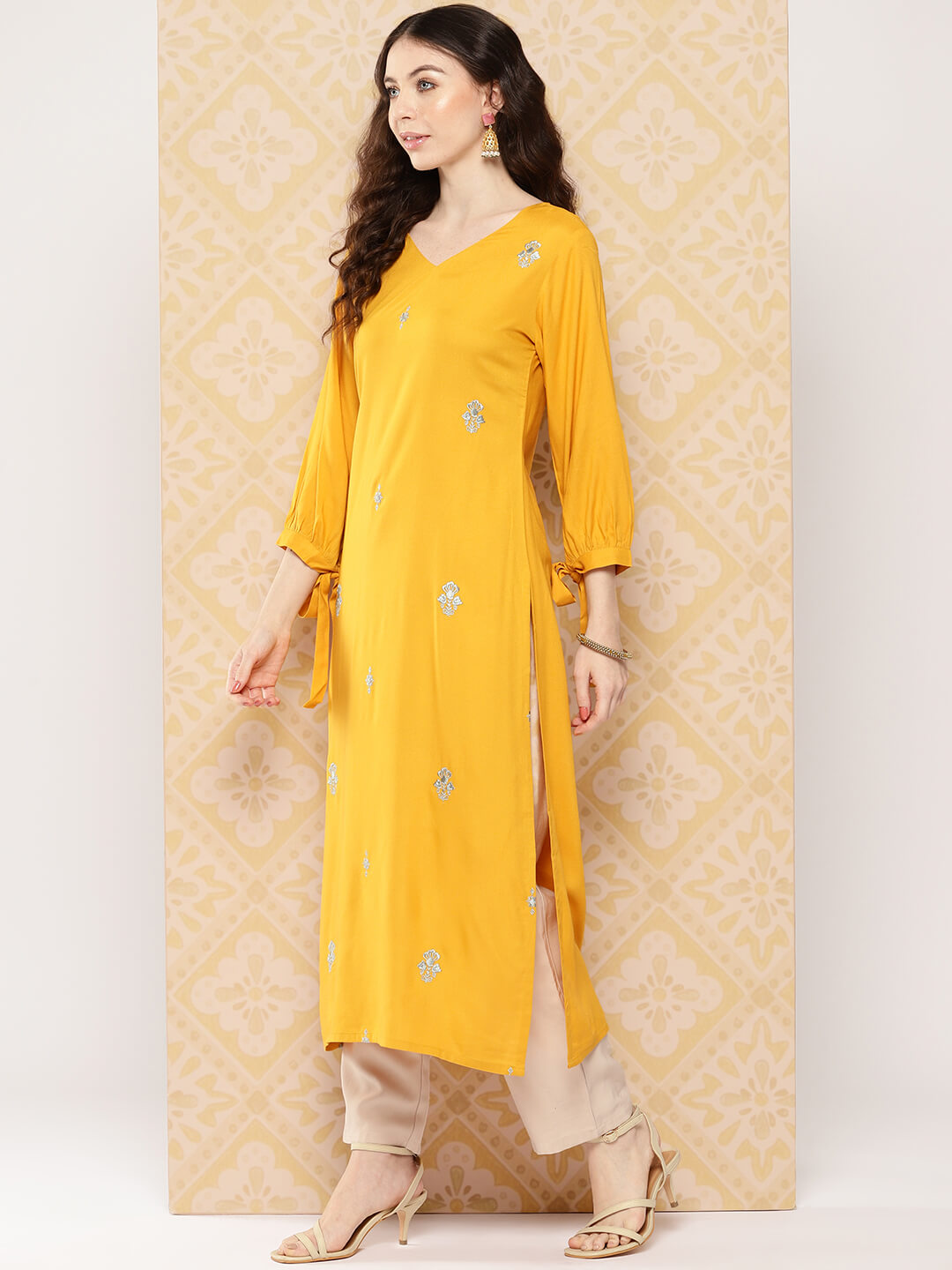 Mustard Rayon Embroidered Straight Kurta