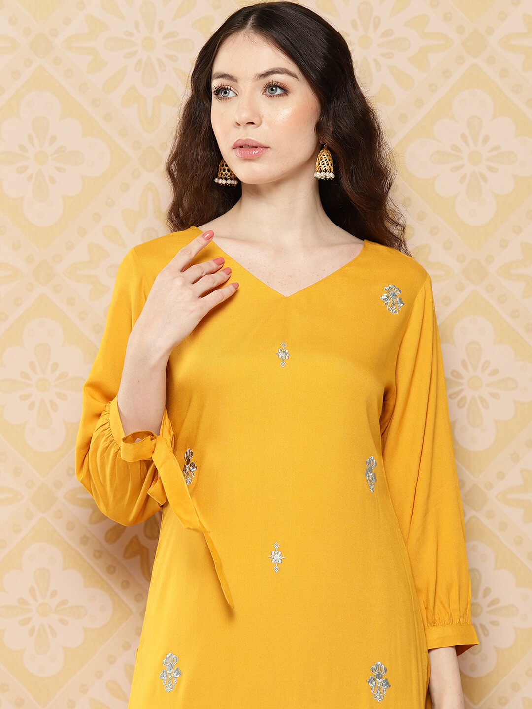 Mustard Rayon Embroidered Straight Kurta