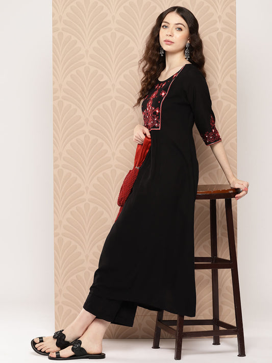 Black Rayon Yoke Embroidered A-Line Kurta