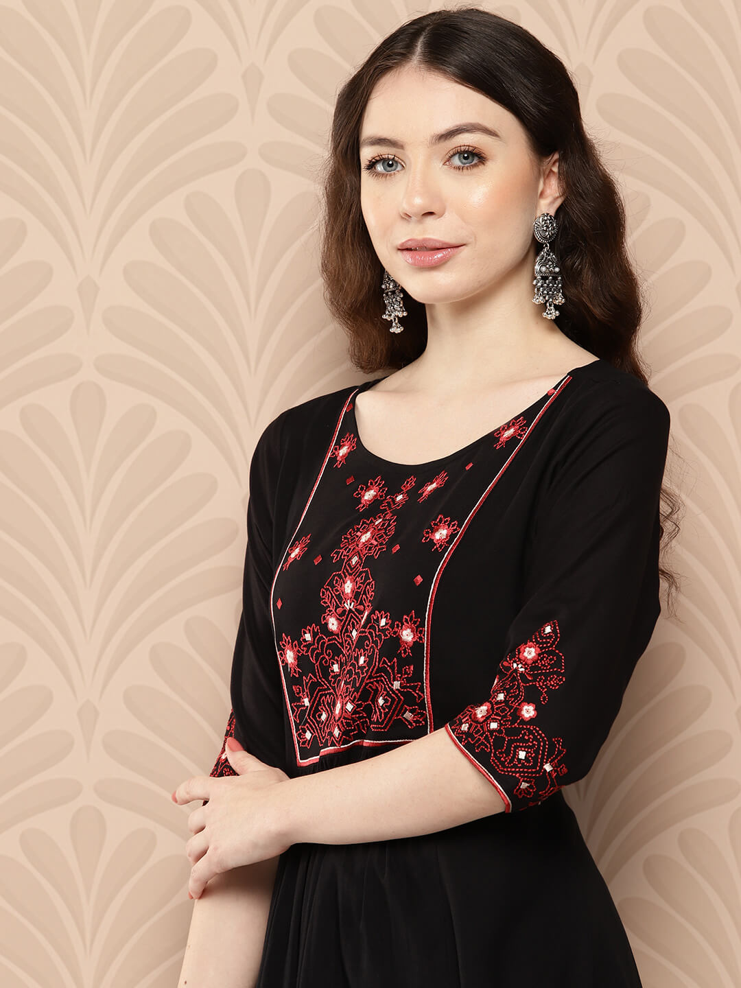 Black Rayon Yoke Embroidered A-Line Kurta