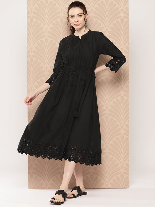 Black Cotton Solid Flared Dress