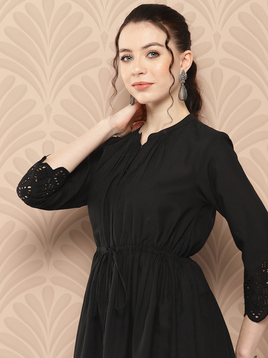 Black Cotton Solid Flared Dress