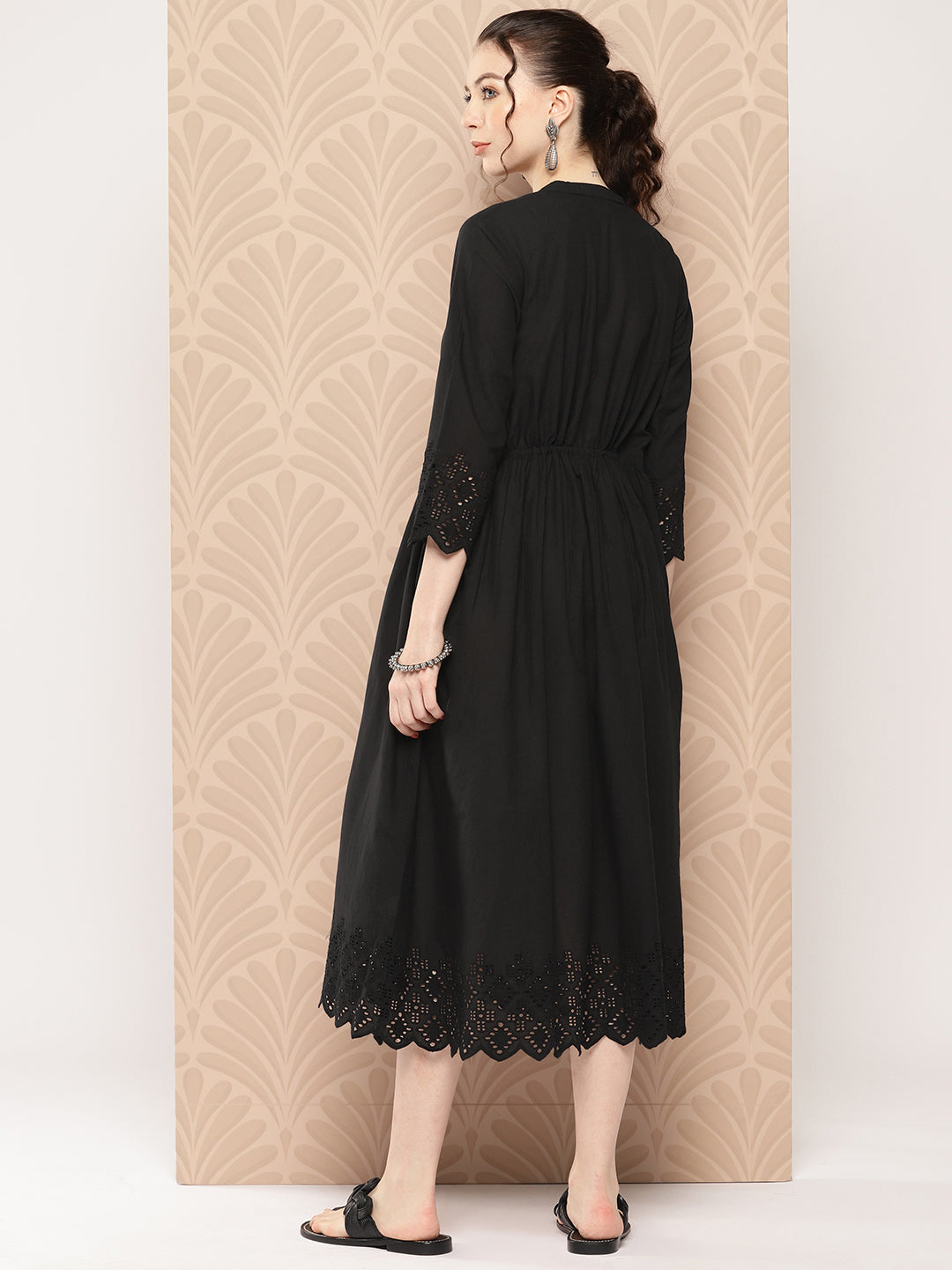 Black Cotton Solid Flared Dress