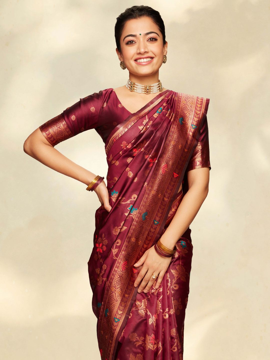 Wine Banarasi Silk Floral Saree with Unstitched Blouse Piece