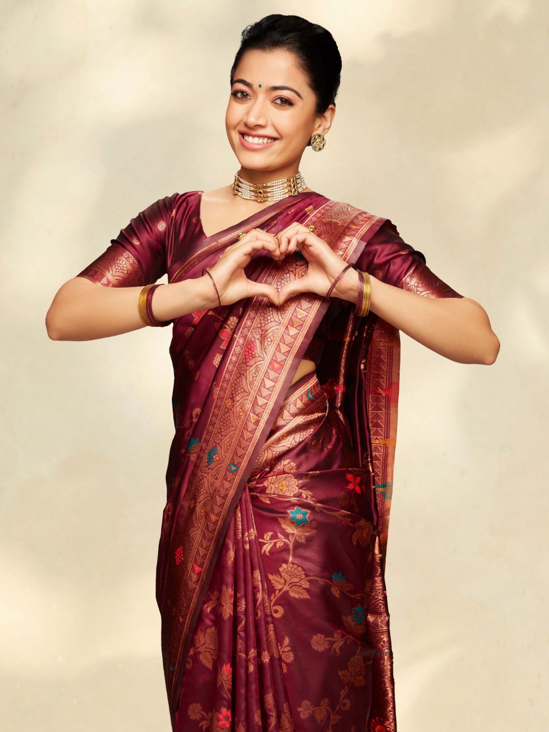 Wine Banarasi Silk Floral Saree with Unstitched Blouse Piece