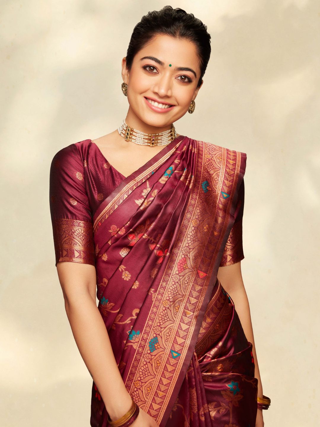 Wine Banarasi Silk Floral Saree with Unstitched Blouse Piece