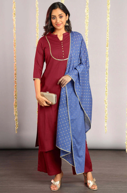 Magenta Rayon Kurta With Palazzo and Dupatta