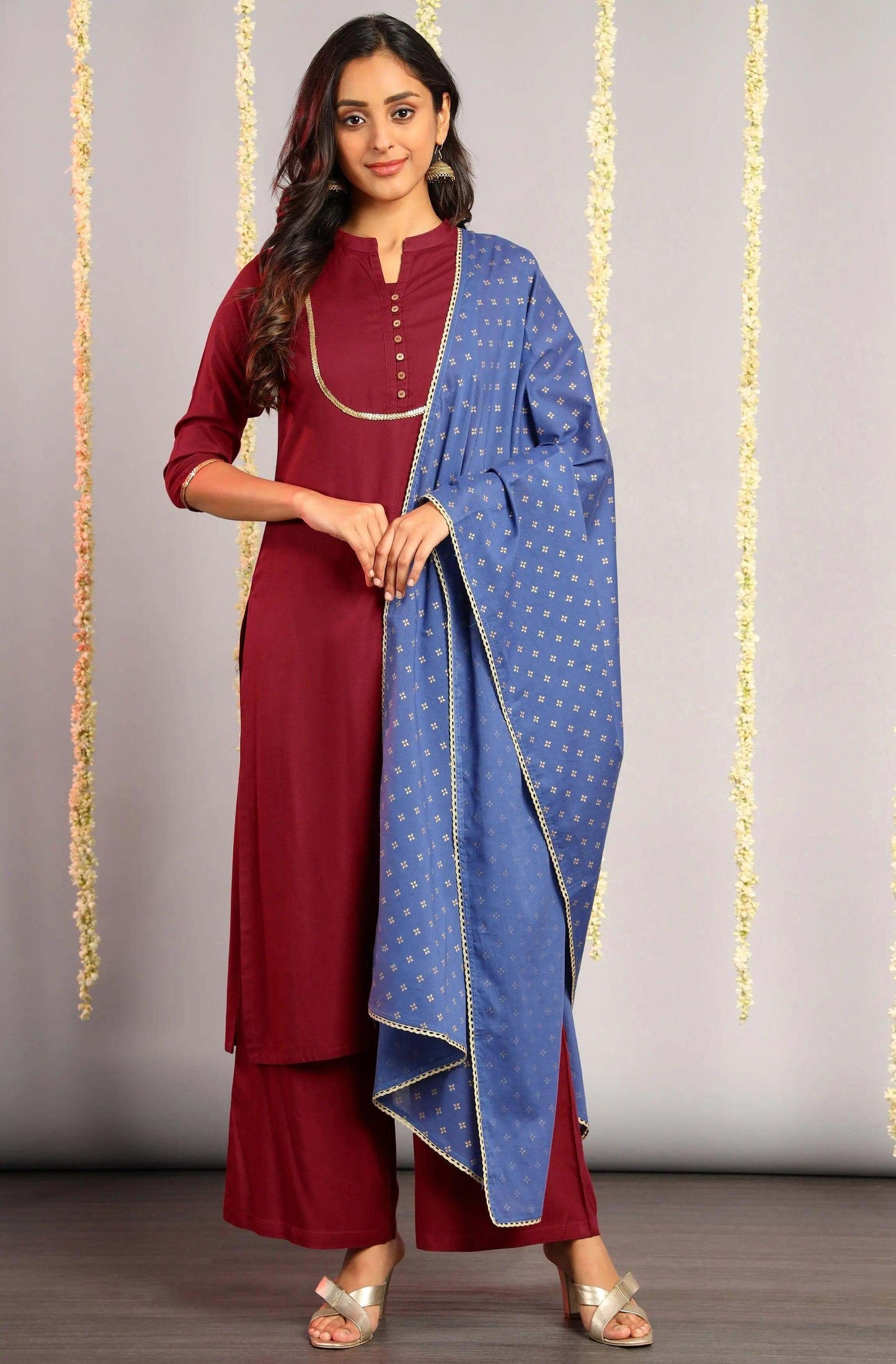 Magenta Rayon Kurta With Palazzo and Dupatta