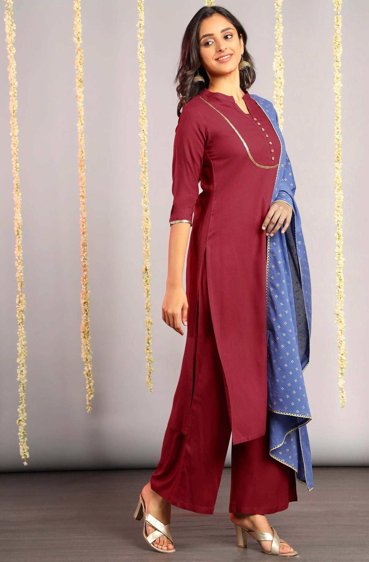 Magenta Rayon Kurta With Palazzo and Dupatta