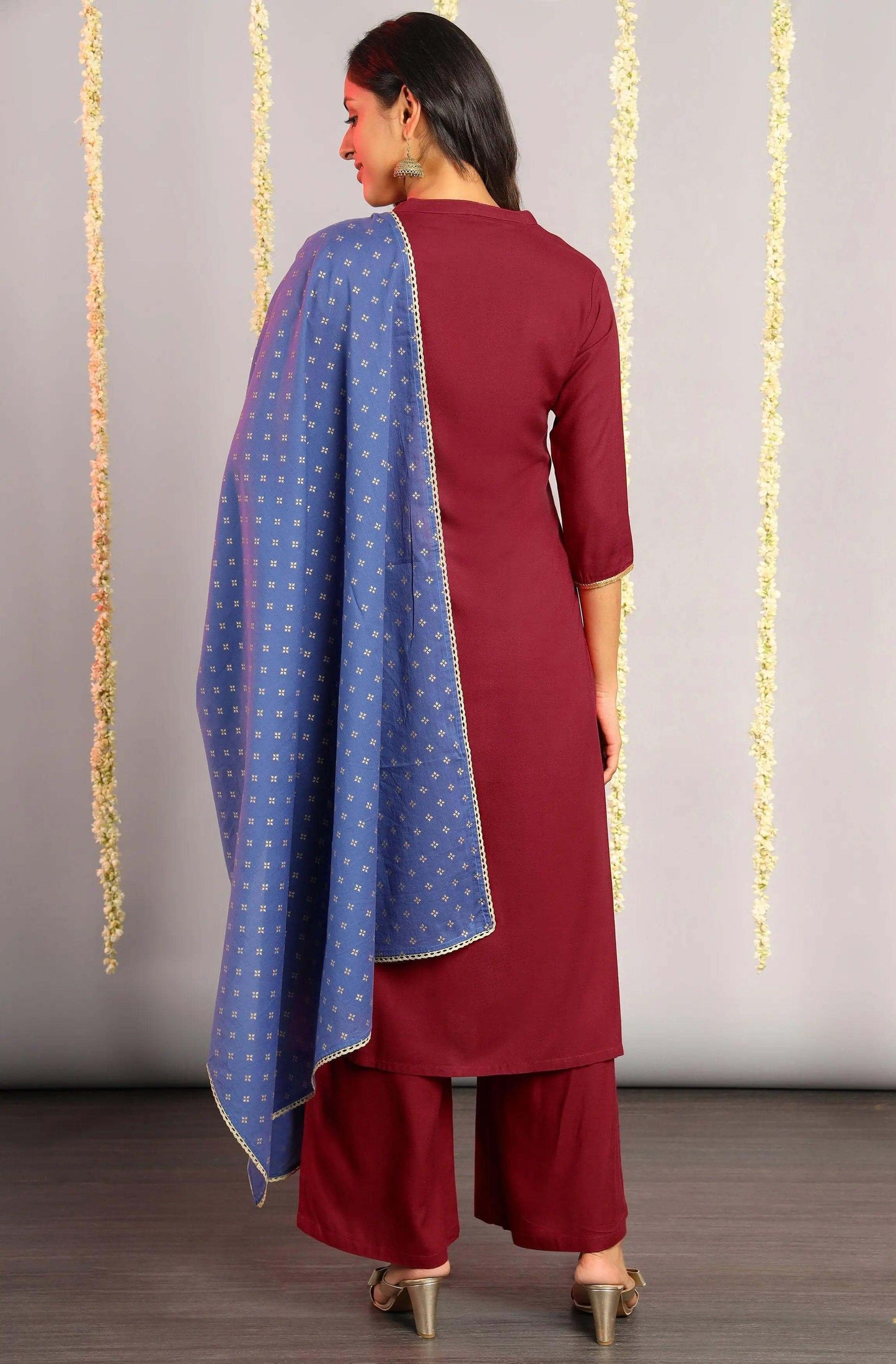 Magenta Rayon Kurta With Palazzo and Dupatta