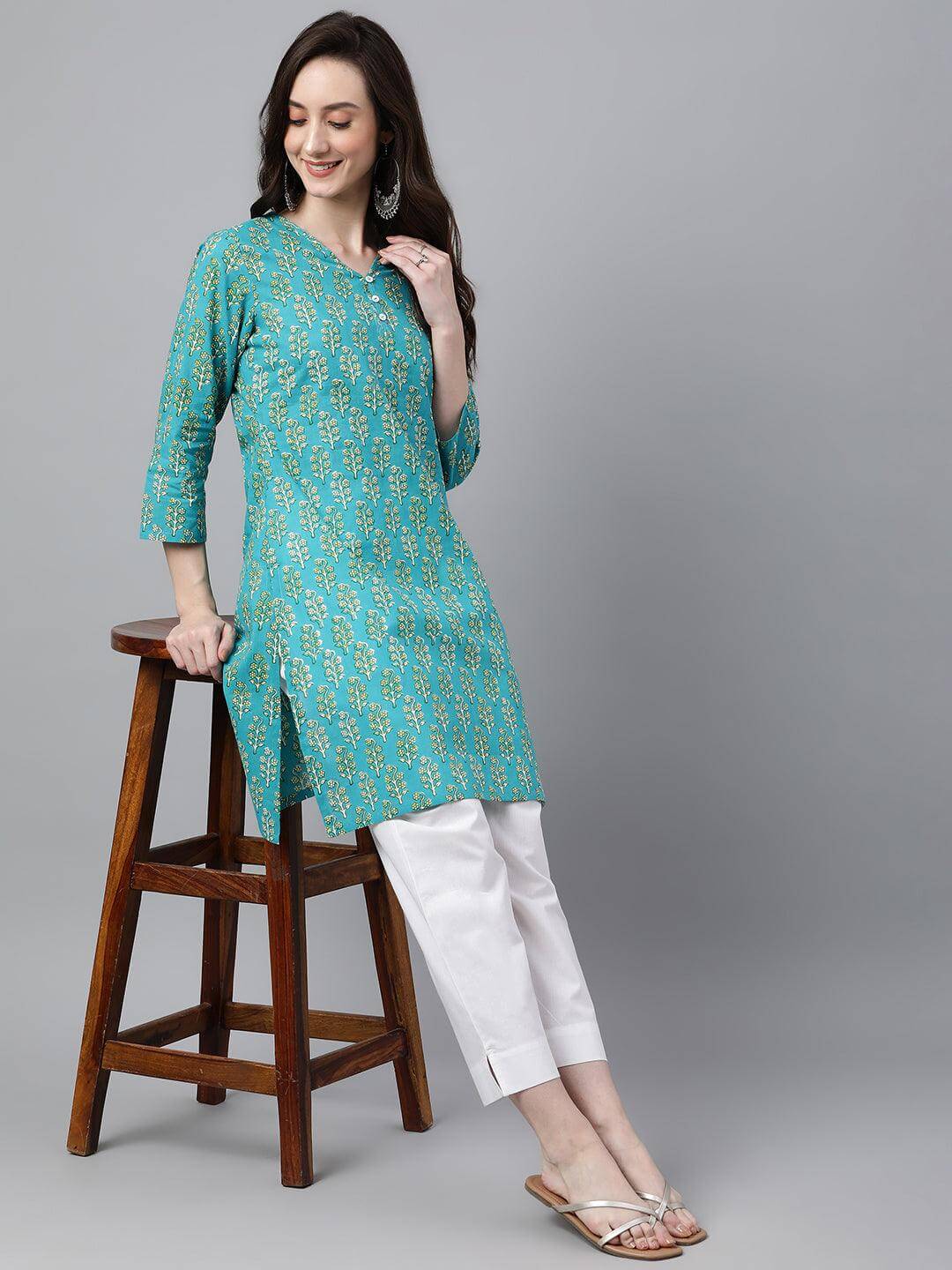 Turquoise Blue Cotton Block Print Straight Tunic