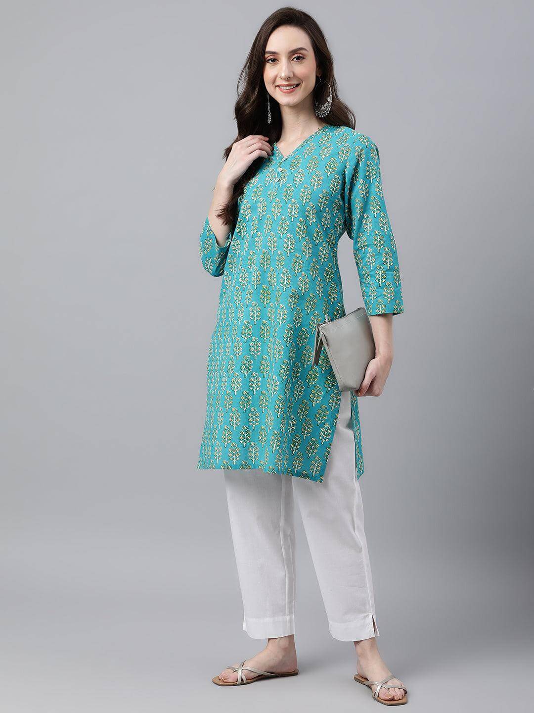 Turquoise Blue Cotton Block Print Straight Tunic