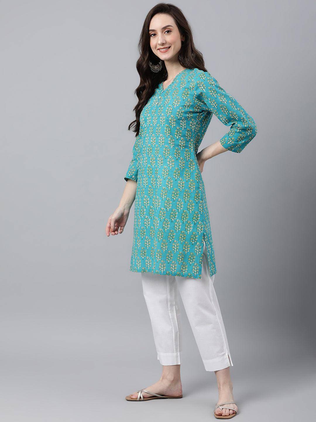 Turquoise Blue Cotton Block Print Straight Tunic