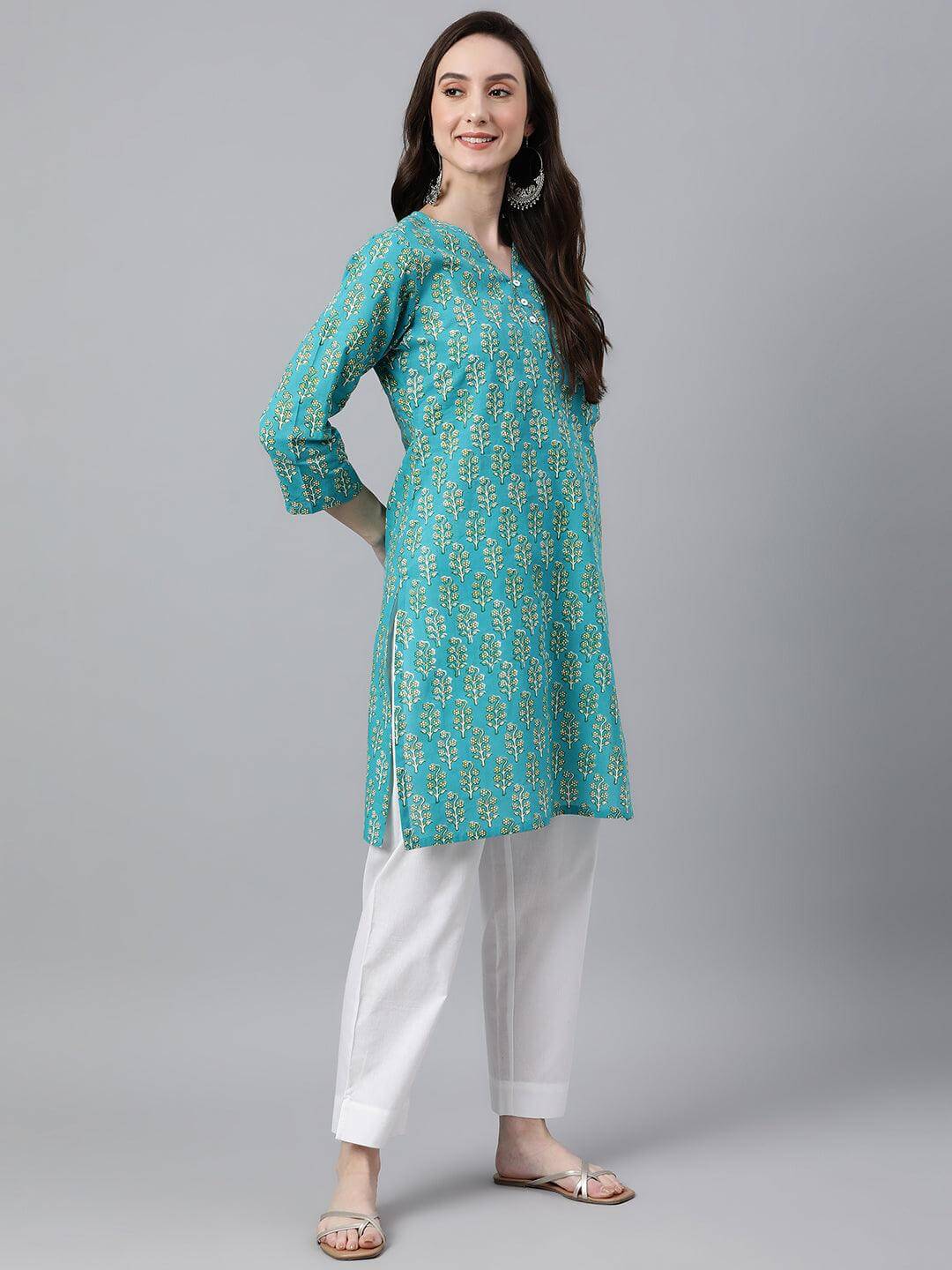 Turquoise Blue Cotton Block Print Straight Tunic