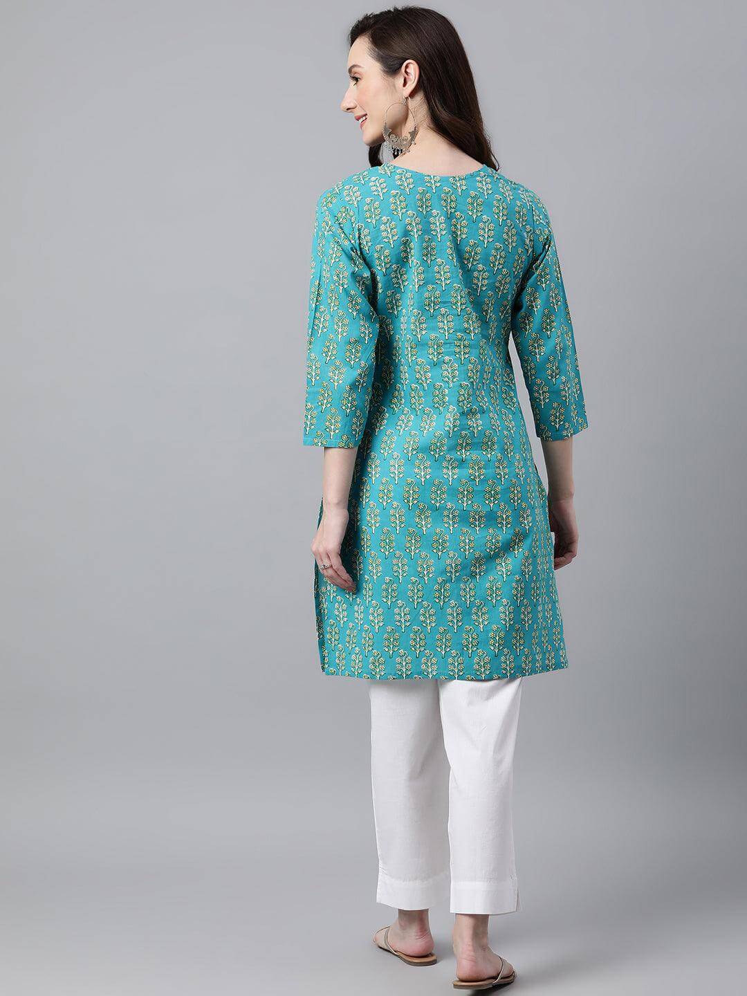 Turquoise Blue Cotton Block Print Straight Tunic